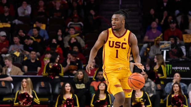 Feb 15, 2024; Los Angeles, California, USA; Southern California Trojans guard Isaiah Collier (1) dribbles against the Utah Utes during the second half at Galen Center. Mandatory Credit: Alex Gallardo-USA TODAY Sports
